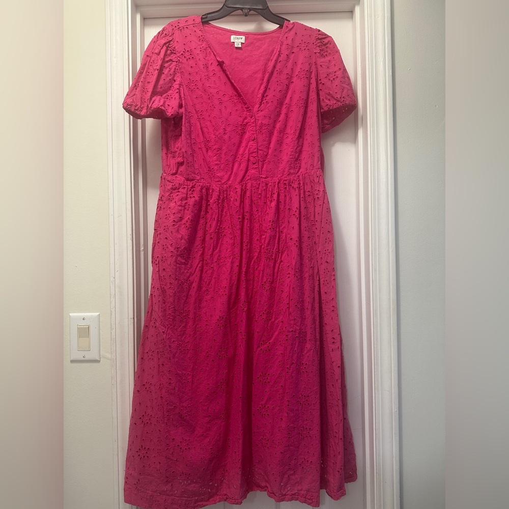 J.Crew Midi Dress Pink Eyelet Puff Short Sleeve Button V-Neck Women’s Size 16